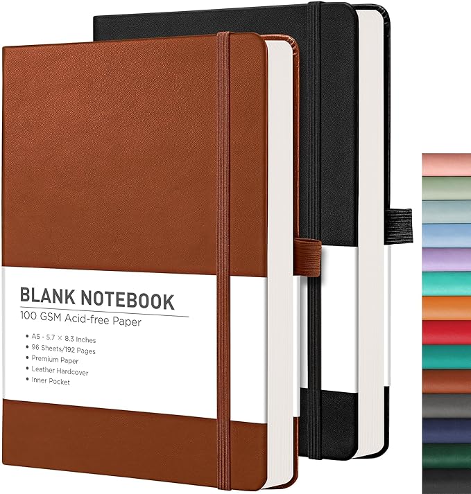 RETTACY Blank Journal Notebook, 2-Pack, 192 Pages per Pack, A5 Medium Size (5.7'' x 8.3''), Leather Hardcover, 100 GSM Thick Paper, for Sketching, Drawing, Painting (Black & Brown)-DeskLoop Office