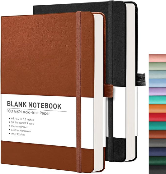 RETTACY Blank Journal Notebook, 2-Pack, 192 Pages per Pack, A5 Medium Size (5.7'' x 8.3''), Leather Hardcover, 100 GSM Thick Paper, for Sketching, Drawing, Painting (Black & Brown)-DeskLoop Office
