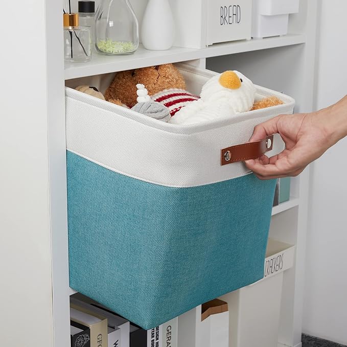 DULLEMELO Storage Bins for Organizing,Closet Storage Baskets for Gift Empty,Large Linen Canvas Storage Bins with Handles for Home Office Toys Shelves(White&Teal, 13 inch Cube)-DeskLoop Office