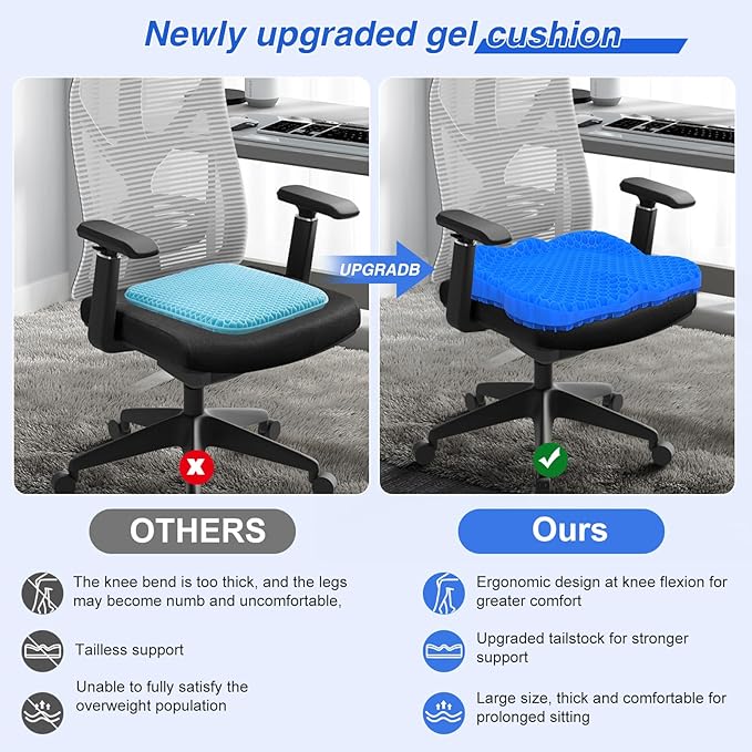 Thicken 19.7in Seat Cushion, Gel Seat Cushion for Long Sitting–Office Chair, Wheelchair, Car Pad, Large Cooling Support Pad for Back Pain, Sciatica, Tailbone Pain Relief-DeskLoop Office