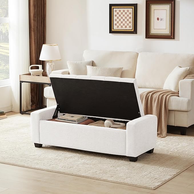 48" Ottoman with Storage, White Storage Ottoman Bench with Safety Hinge, Upholstered Entryway Bench with Seating for Bedroom, Living Room, Holds up to 330 lb-DeskLoop Office