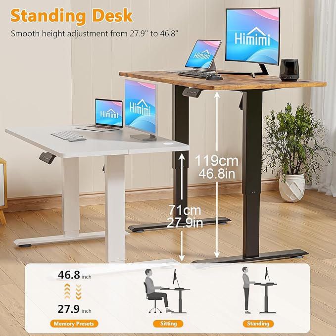 Himimi Electric Standing Desk 48 x 24 inch for Home Office,Sit-Stand Adjustable Desk with Memory Presets,Height Adjustable Desk for Gaming/Working,Free Hook, Lockable Wheels,Brown-DeskLoop Office