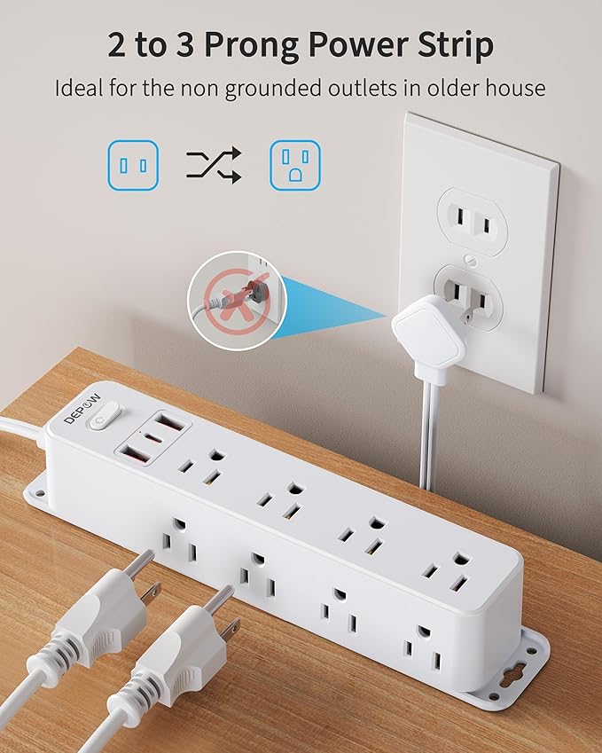 2 Prong Power Strip with 12 AC Outlets, 2 to 3 Prong Adapter, 3 USB Ports (1 USB C), 5FT Extension Cord, 1700J Two Prong Surge Protector, Wall Mountable, Ideal for Old House Non-Grounded Outlets-DeskLoop Office