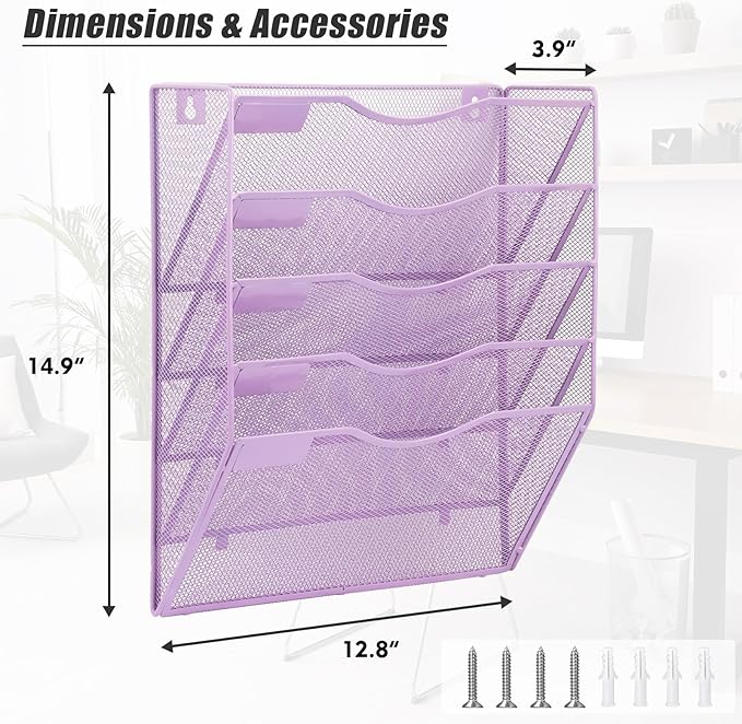 EASEPRES 5 Pocket Mesh Hanging Wall File Organizer, Wall Mounted Mail Paper Document Folder Holder, Clipboard Storage Organization Magazine Rack with Nametag Label for Office Home School, Light Purple-DeskLoop Office