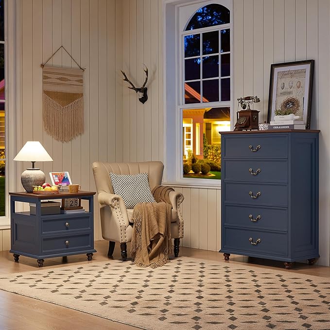 Farmhouse 5 Drawer Dresser for Bedroom, 45" Tall Rustic Chests of Drawers w/ 4 Solid Wood Feet, Mid Century Modern Wooden Closet Storage Dressers Organizer for Living Room, Hallway, Navy Blue-DeskLoop Office