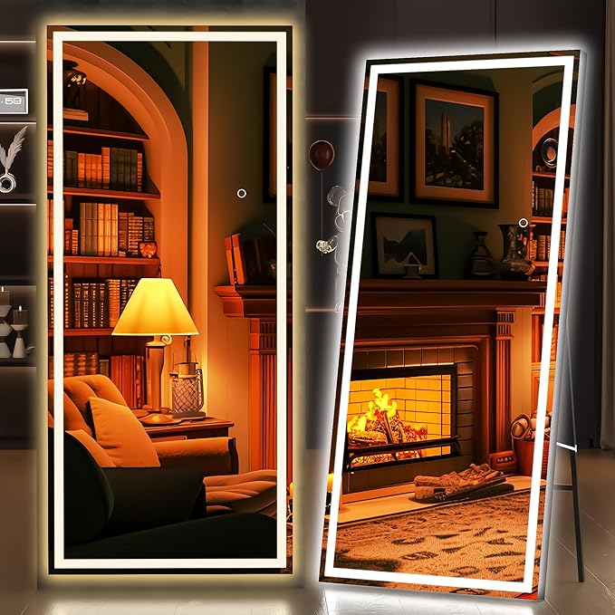 Hasipu Full Length Mirror with Lights, 71" x 27.6" LED Lighted Floor Standing Mirror, Full Body Dressing Hanging Mounted, Dimmable, Tempered Glass, Safe to Use, Square Black-DeskLoop Office