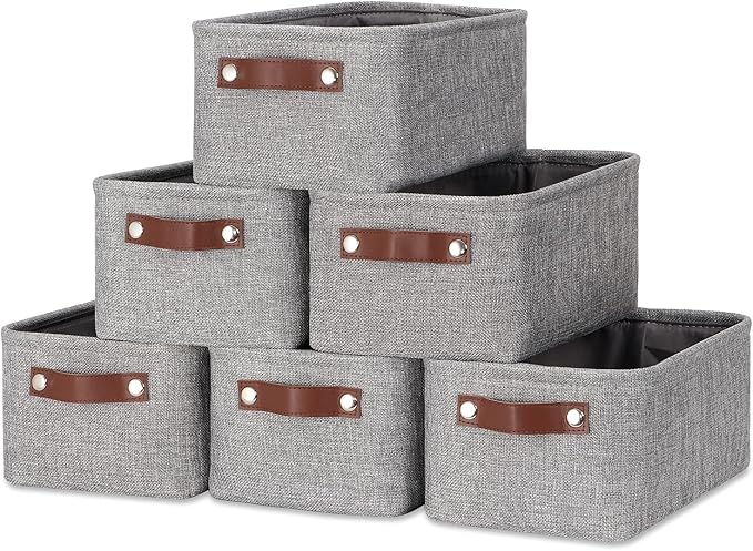 DULLEMELO Small Storage Baskets 11.8"x7.9"x5.1", Fabric Storage Bins for Shelves,Closets,Nursery,Home,Office [3 Pack], Collapsible Storage Baskets with Leather Handles (Gray)-DeskLoop Office