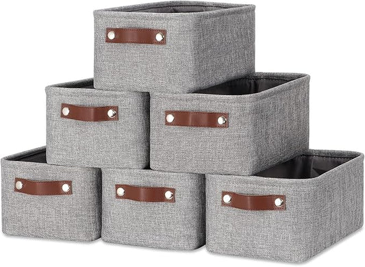 DULLEMELO Small Storage Baskets 11.8"x7.9"x5.1", Fabric Storage Bins for Shelves,Closets,Nursery,Home,Office [3 Pack], Collapsible Storage Baskets with Leather Handles (Gray)-DeskLoop Office