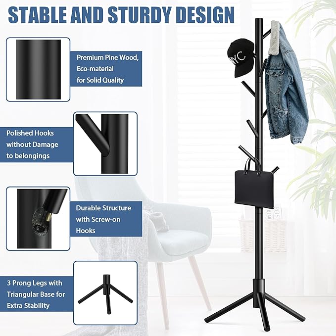Haddockway Wooden Coat Rack Stand with 8 Hooks New Zealand Pine 3 Adjustable Coat Standing Tree Easy Assembly for Coats, Hats, Scarves and Handbags for Entryway, Hallway, Bedroom, Office,2 PCS-DeskLoop Office