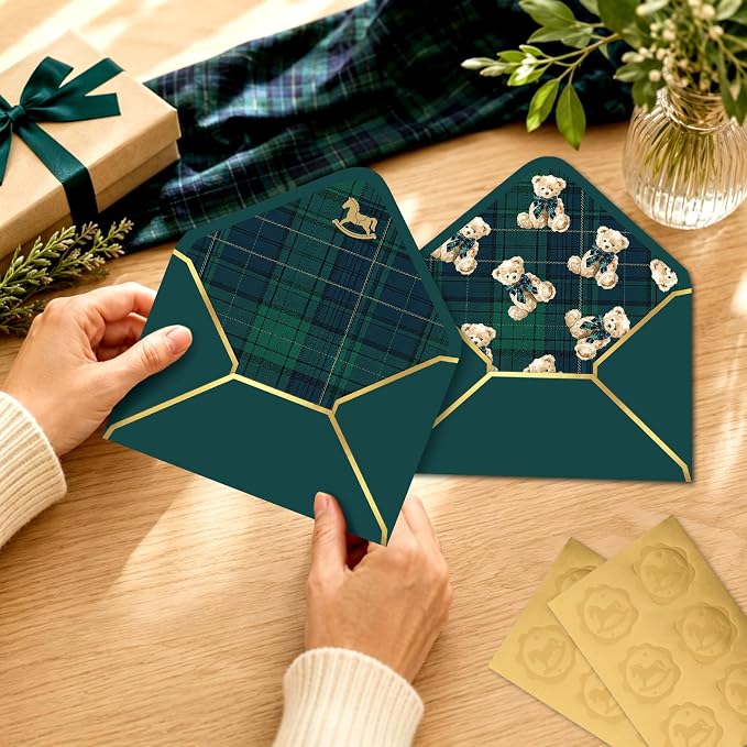 Whaline 50 Pcs Tartan Bear Envelopes Green Blue Plaids Bear Rocking Horse - Image 4