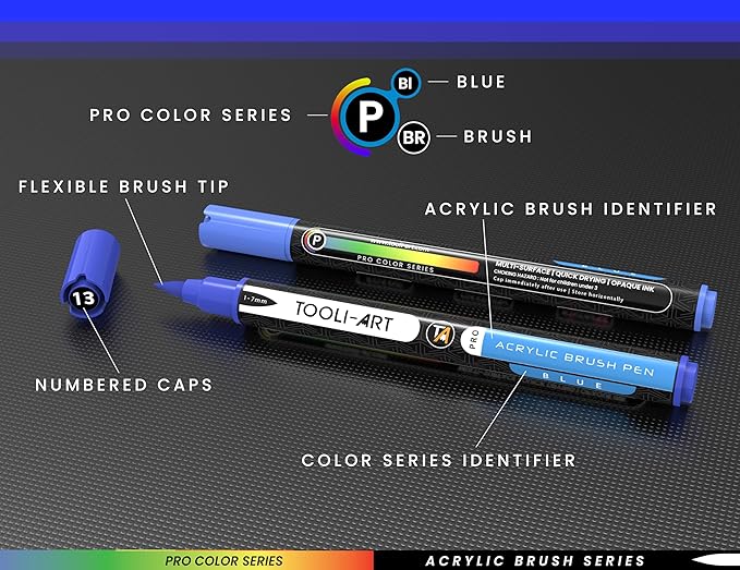 22 Flexible Brush Tip Acrylic Paint Pens Markers Set 1-7mm Line for Rock Painting, Brush Lettering, Glass, Mugs, Wood, Metal, Canvas, Fabric, Plastic. Non Toxic Waterbased Quick Drying Assorted Blue-DeskLoop Office
