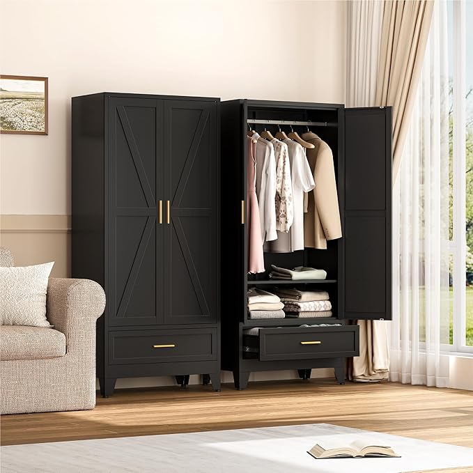 Farmhouse Wardrobe Cabinet with One Drawers,Metal Wardrobe Closet with Hanging Rod,Metal Armoire with Adjustable Shelves for Bedroom,Living Room, Cloak Room,Office (Blue)-DeskLoop Office