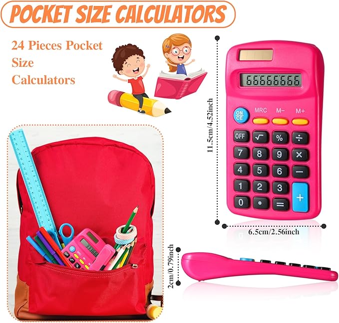 24 Pieces Basic Calculators for Students Small Pocket Size 8 Digit Display Mini Calculators Dual Powered Handheld for School Desktop Home(Rose Red)-DeskLoop Office