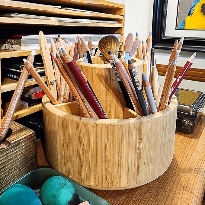 VaeFae Bamboo Pen Holder Organizer, 360° Rotating Art Supply Organizer, Desktop Storage for Marker Pens, Colored Pencil, Art Brushes, etc.-DeskLoop Office