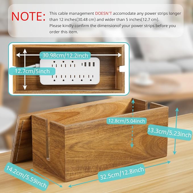 Bivvclaz Cable Management Box Medium, Acacia Wooden Cord Organizer Box - Image 2