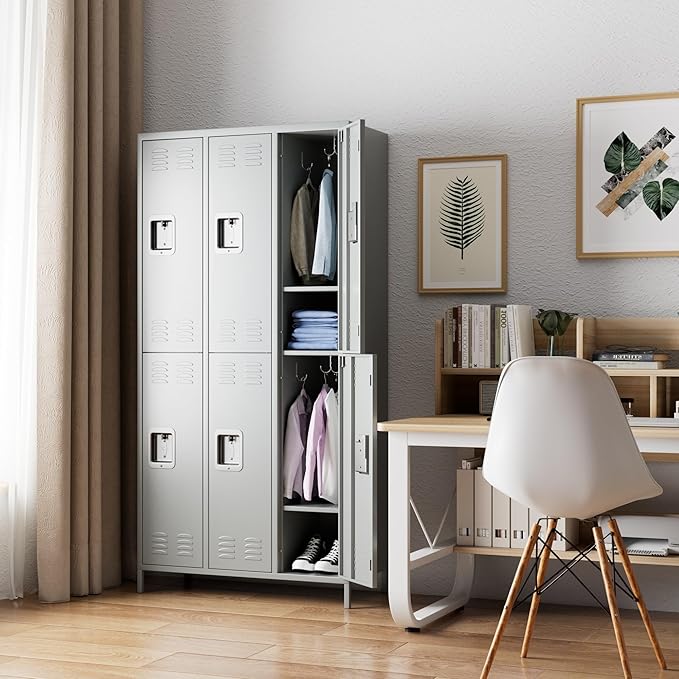 6 Doors Metal Lockers for Employees with Lock,Metal Storage Locker for Employees with 18 Hooks for School,Office, Gym,Home,Assembly Required,6 Doors Light Grey-DeskLoop Office