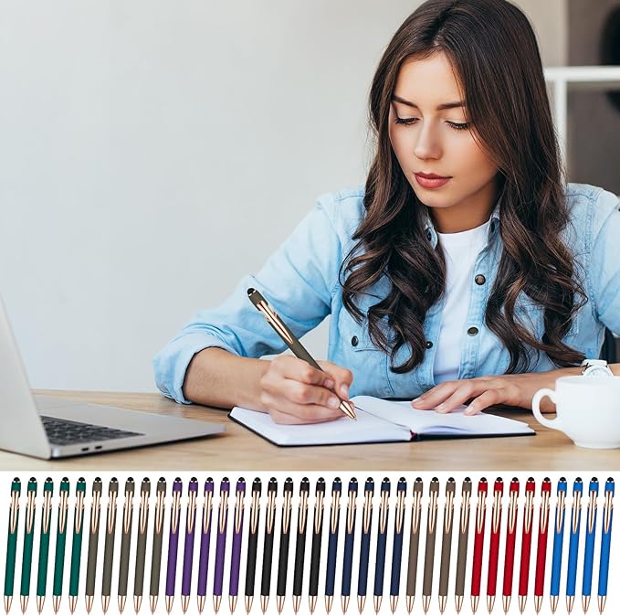 Zonon 38 Pieces Rubberized Ballpoint Pen with Stylus Tip Stylish Metal Pen Capacitive Styli with Soft Rubberized Grip, Black Ink for Most Devices(Classic Colors)-DeskLoop Office