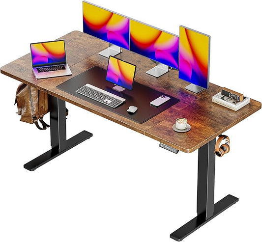 Huuger 55 x 28 Large Electric Standing Desk, Height Adjustable Computer Desk, 27.6" Deep Desktop, Stand up Gaming Office Desk with 2 Hooks, 3 Preset Heights, for Home Office, Rustic Brown-DeskLoop Office