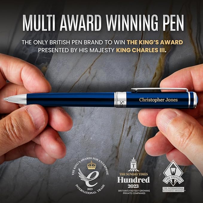 Scriveiner Personalized Midnight Blue Pen - Stunning Blue Lacquer Luxury Pen, Chrome Finish, Schmidt Ink Refill, Best Engraved Ball Point Gift Set for Men & Women, Custom Name Engraving-DeskLoop Office