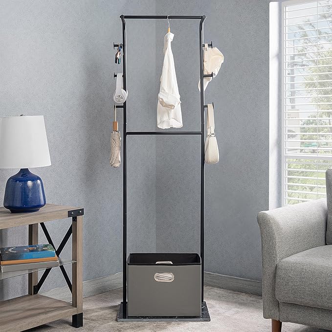 Heavy Duty Coat Rack with Storage Basket Metal Hanging Clothes Rack with Marble Base Modern Standing Clothing Rack for Entryway Bedroom Living Room Hotel 19.69 x 13.39 x 67.72 Inches (Black)-DeskLoop Office