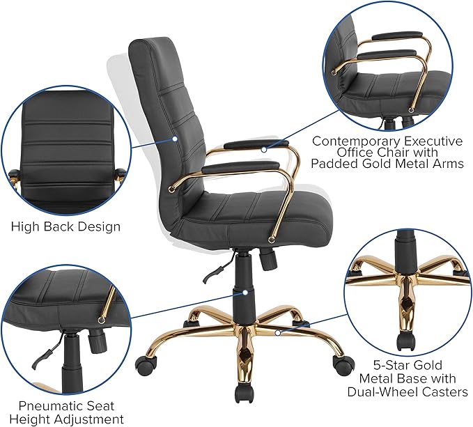 Flash Furniture Whitney High-Back Swivel LeatherSoft Desk Chair with Padded Seat and Armrests, Adjustable Height Padded Office Chair, Black/Gold-DeskLoop Office