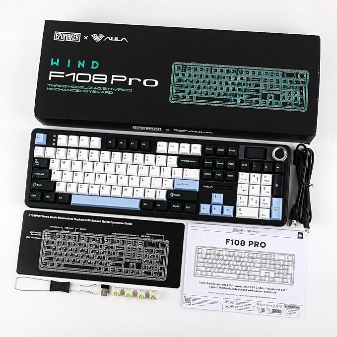 EPOMAKER X Aula F108 PRO Wireless Gaming Keyboard with Screen, 8000mAh Battery, 104 Hot-Swappable and Programmable Keys and Knob, RGB Backlight, for Mac/PC/Android (Blue&White&Black)-DeskLoop Office