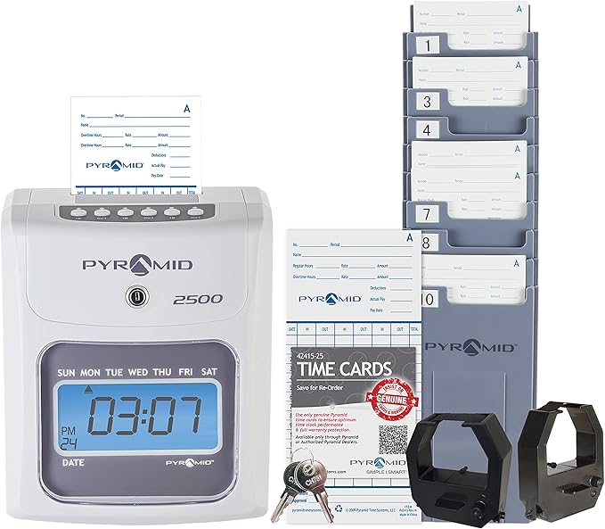 Pyramid Time Systems - Model 2500 Auto Aligning and Top Loading Time Clock [2500K1] Bundle Includes: Time Clock, 100 Time Cards, 2 Ink Ribbon cartridges, one 10 slot time card rack and 2 Security Keys-DeskLoop Office