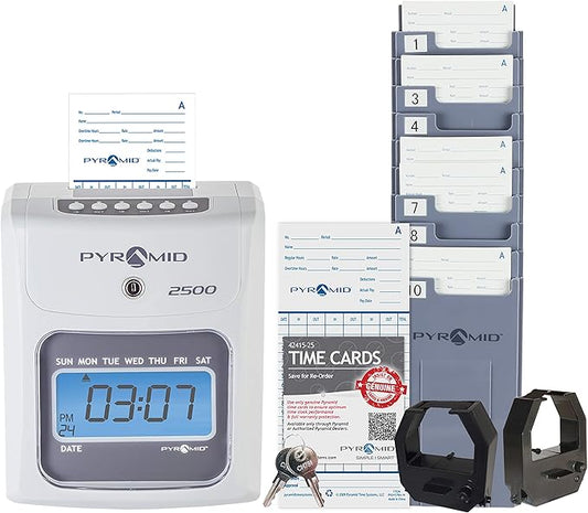 Pyramid Time Systems - Model 2500 Auto Aligning and Top Loading Time Clock [2500K1] Bundle Includes: Time Clock, 100 Time Cards, 2 Ink Ribbon cartridges, one 10 slot time card rack and 2 Security Keys-DeskLoop Office
