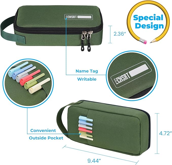 ECHSRT Big Pencil Case, Aesthetic Portable Zipper Pencil Bag with Hidden Pocket, Special Pouch for Men Women Adults, Stationery Organizer Pen Cases for Office Travel,Army Green-DeskLoop Office