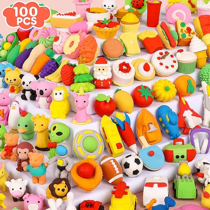 100 Pack Animal Erasers Desk Pet for Kids 3D Puzzle Pencil Eraser Take Apart Bulk Treasure Box Toy for Classroom School Prize Kids Party Favors Back to School Supplies Goodie Bag Stuffers Gift(Random)-DeskLoop Office