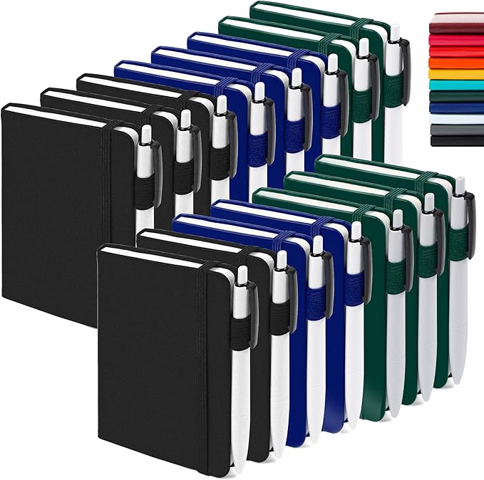 feela 15 Pack Pocket Small Notebooks Bulk, Mini Cute Notepads Hardcover College Ruled Lined Journals with Pen Holder for School Business, with 15 Black Pens, 3.5”x 5.5”, A6, Black Navy Dark Green-DeskLoop Office