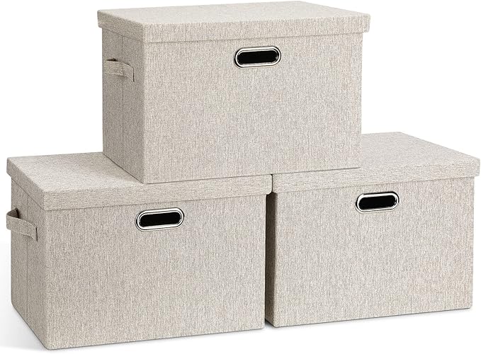 Large 17" 36 Quart Collapsible Stackable Storage Bins with Lids, 3 Packs Beige Linen Fabric Closet Boxes with Lids, Storage Cube Baskets Container Organizers for Bedroom Office(17 x12 x11)-DeskLoop Office