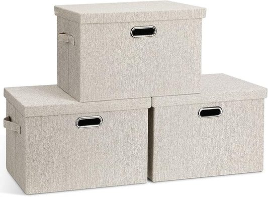 Large 17" 36 Quart Collapsible Stackable Storage Bins with Lids, 3 Packs Beige Linen Fabric Closet Boxes with Lids, Storage Cube Baskets Container Organizers for Bedroom Office(17 x12 x11)-DeskLoop Office