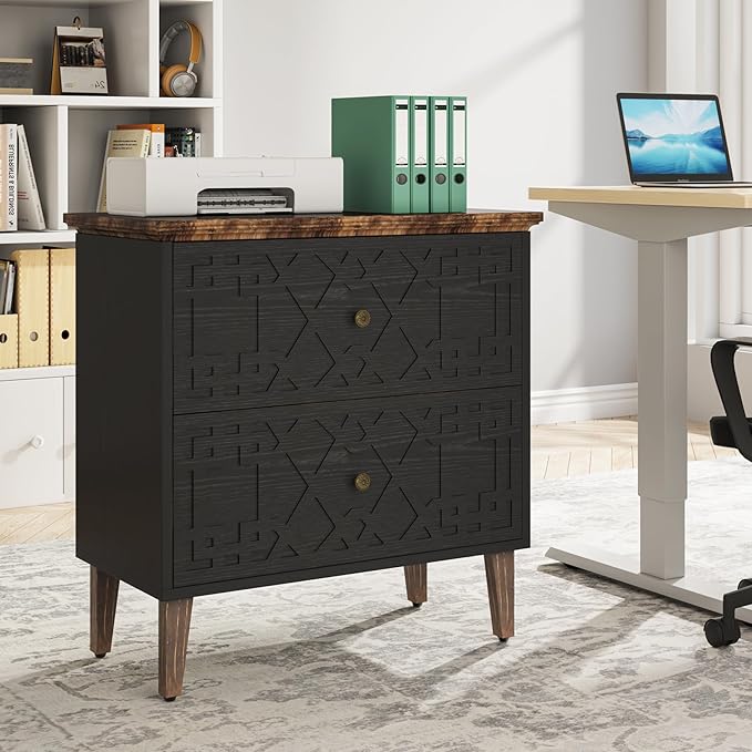 LITTLE TREE 2-Drawer File Cabinet, Lateral Filing Cabinet for A4/Letter/Legal Size, Office Storage Cabinet, Printer Stand with Storage Drawer for Home Office, Black-DeskLoop Office
