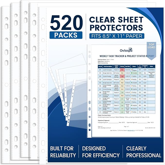520 Pack Clear Sheet Protectors 8.5 x 11 Inch Easy-Open, Transparent Plastic by Ovlospa