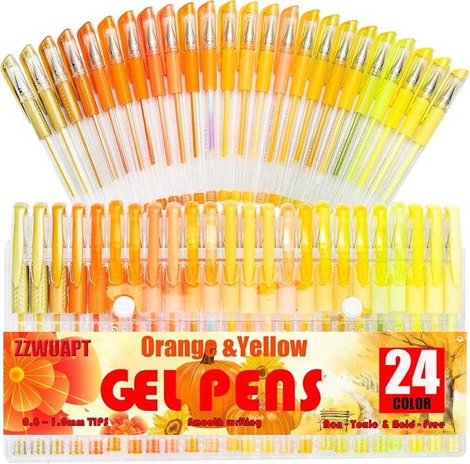 Orange Yellow Gel Pens for Coloring Book,72 Color Gel Pens Set including 24 Color Gel Pen with 48 Refills,40% More Ink Colored Gel Pens for Drawing, Doodling, Scrapbook, Journaling-DeskLoop Office