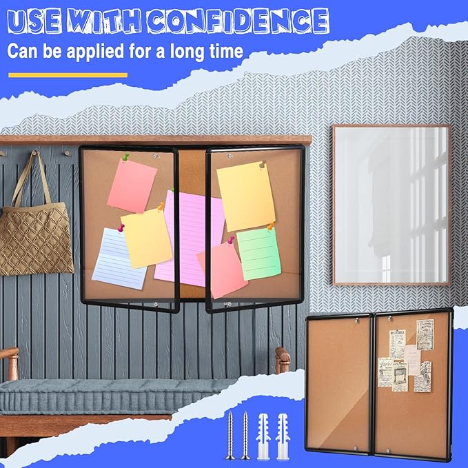 Enclosed Bulletin Board 48" x 36" Weather Resistant Lockable Notice Cork Display Board Wall Mounted 2 Locking Door for School Classroom Commercial Back to School, 12 x A4(Brown, Black Frame)-DeskLoop Office