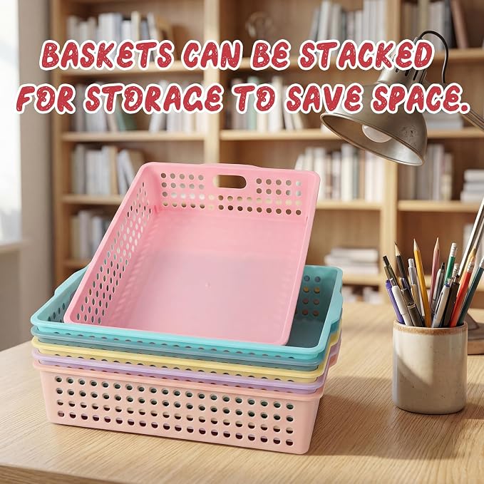 Tenceur 6 Pcs Plastic Classroom Storage Baskets, Pastel Stackable Paper Baskets - Image 4