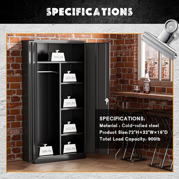 Greenvelly Metal Storage Wardrobe Cabinet with Doors, Black 72” Steel Wardrobe Closet, Employees Locker Closet Clothing Coat Steel Wardrobe Cabinet with Hanging Rod for Home Office Room School-DeskLoop Office