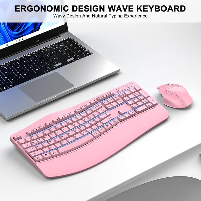 Wireless Keyboard and Mouse Combo, 2.4G Full Size Wave Keys Ergonomic Keyboard - Image 2