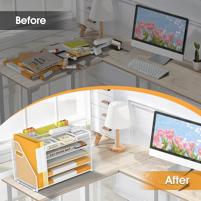 5 Tier Paper Letter Tray with File Holder and 3 Drop-in Pen Holders, Mesh Desk - Image 5