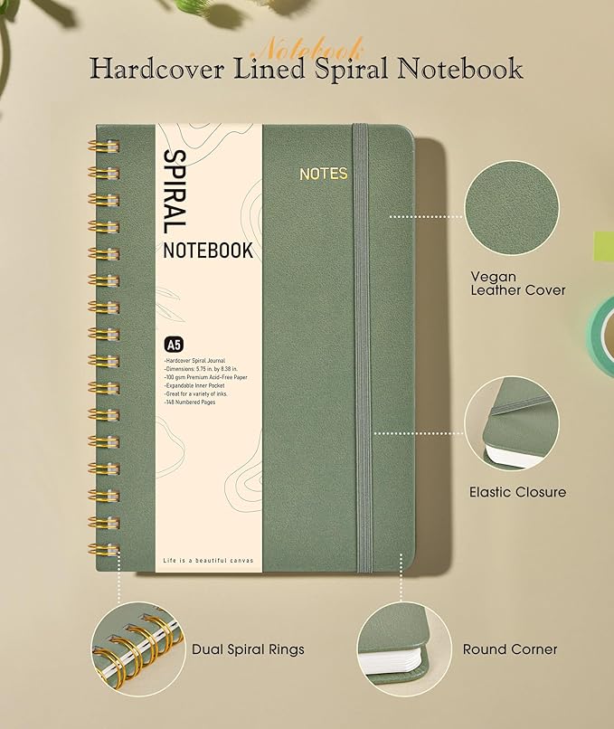 Dotted Spiral Journal Notebook, A5 Hardcover Spiral Journals for Women Men, 100 GSM Dot Grid Paper Notebooks, 150 Pages Spiral Bullet Dotted Notebook for Writing Note Taking 5.75" x 8.38", Sage Green-DeskLoop Office