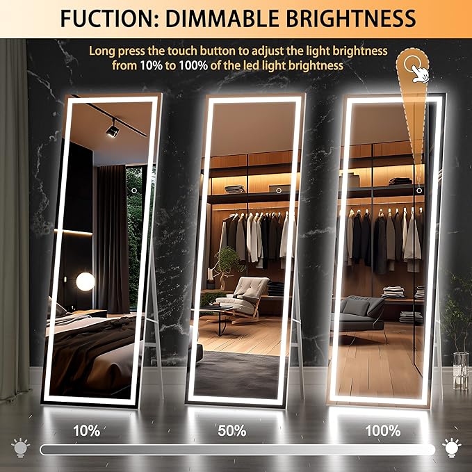 Hasipu Full Length Mirror with Lights, 56" x 15.8" LED Floor Mirror, Full Body Dressing Standing, Hanging Mounted Mirror for Living Room Bedroom Cloakroom, Square White-DeskLoop Office