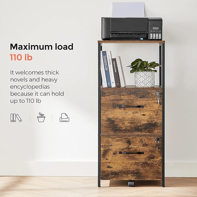 VASAGLE File Cabinet for Home Office, 2-Drawer Filing Cabinet with Lock, Open Shelf, Printer Stand, for A4 and Letter Sized Files, Adjustable Feet, Industrial, Rustic Brown and Ink Black UOFC045B01-DeskLoop Office