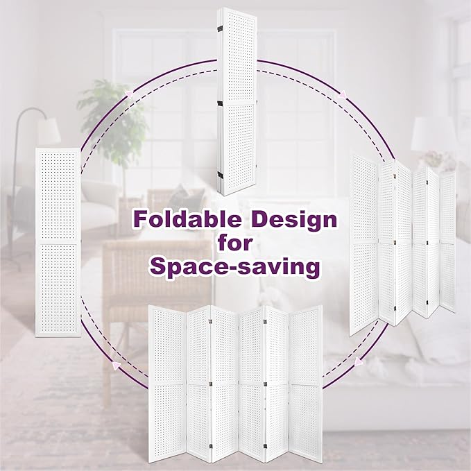 Room Divider, 5.6FT Folding Room Divider Panel, 6 Panel Pegboard Display Wood Partition Wall Divider for Room Separation& Craft Shows, White-DeskLoop Office