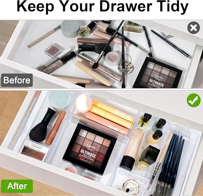 Stackable Acrylic Drawer Organizer Set, 18 PCS Multi-Size Storage Bins for Makeup, Office Desk, Bathroom, Vanity and Kitchen Utensils-DeskLoop Office