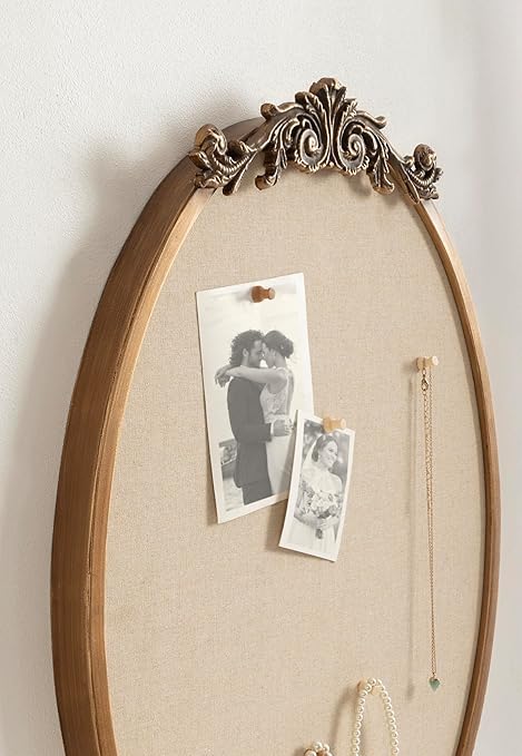 Kate and Laurel Arendahl Decorative Oval Pinboard, 18 x 24, Gold, Framed Round Ornate Vintage Cork Board for Use as Motivational Vision Board or Wall Organizer-DeskLoop Office