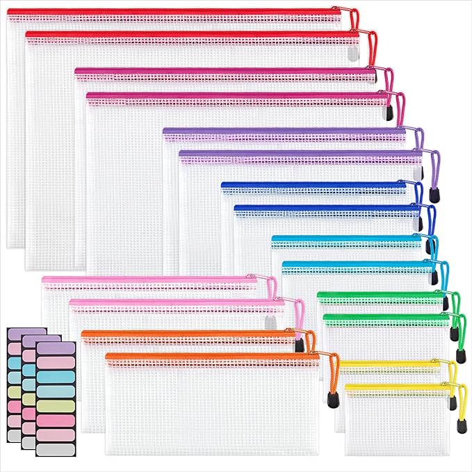 JARLINK 18 Pack 8 Sizes Mesh Pouch, 9 Colors, Waterproof Zipper Bags Document by JARLINK