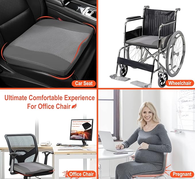 Car Seat Cushion, Comfort Memory Foam Car Cushions for Driving - Sciatica & Lower Back Pain Relief, Driver Seat Pillow for Auto, Office Chair, Wheelchair - Dark Grey-DeskLoop Office