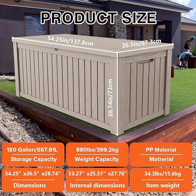 180 Gallon Outdoor Storage Box Waterproof Lockable Resin Deck Box Large, Patio Storage Bin for Pool Accessories Cushion Furniture, Garden Tools, UV-Resistant Outside Delivery Grey-DeskLoop Office